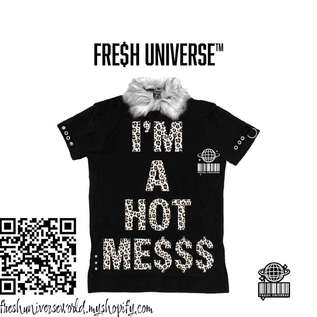 Fresh Universe black short-sleeve shirt with a grey faux fur collar and cheetah print leopard text reading I'm A Hot Messs.