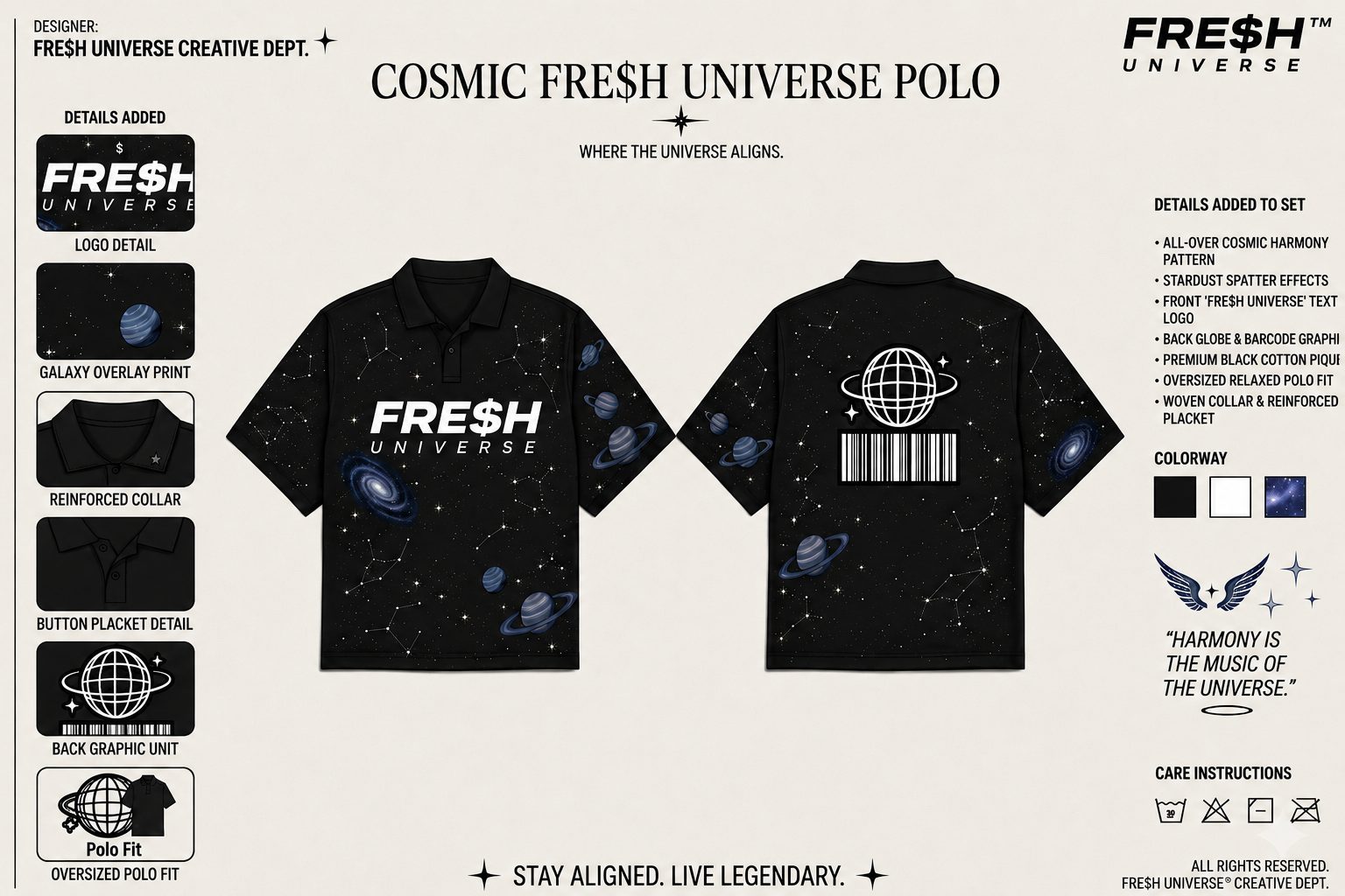 Technical apparel design sheet for the Cosmic Fresh Universe Polo featuring an all-over galaxy starry pattern, front logo print, and back globe barcode graphic.