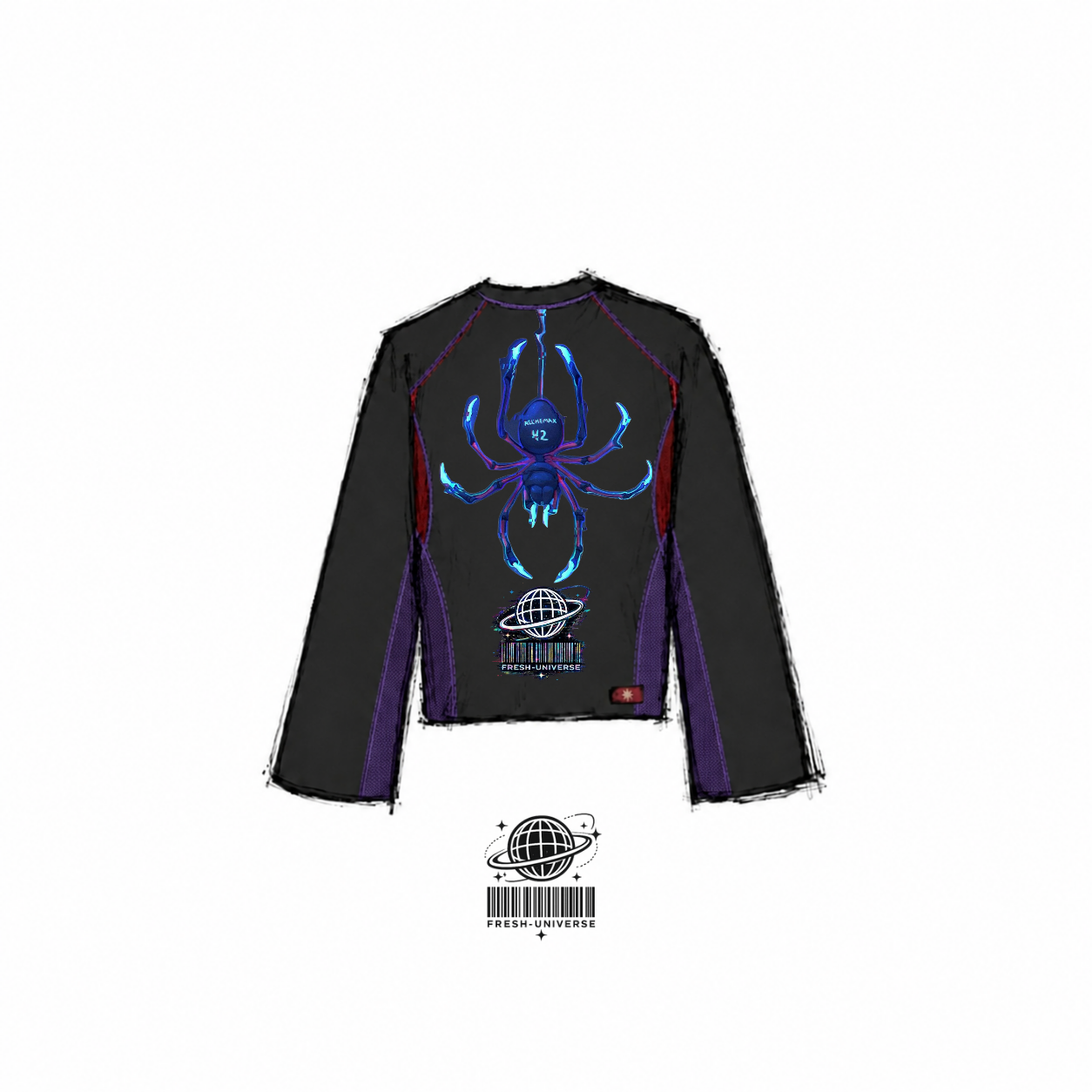 Fresh Universe dark grey long-sleeve shirt with purple paneling, featuring a glowing blue neon spider back graphic and signature globe barcode logo.