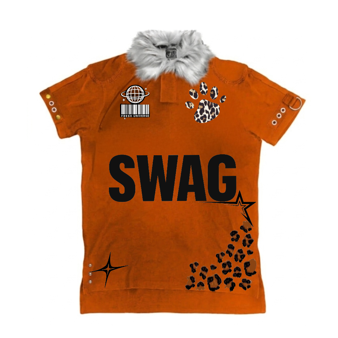 Fresh Universe burnt orange short-sleeve polo shirt with a fluffy grey faux fur collar, black SWAG chest text, and leopard print paw print accents.