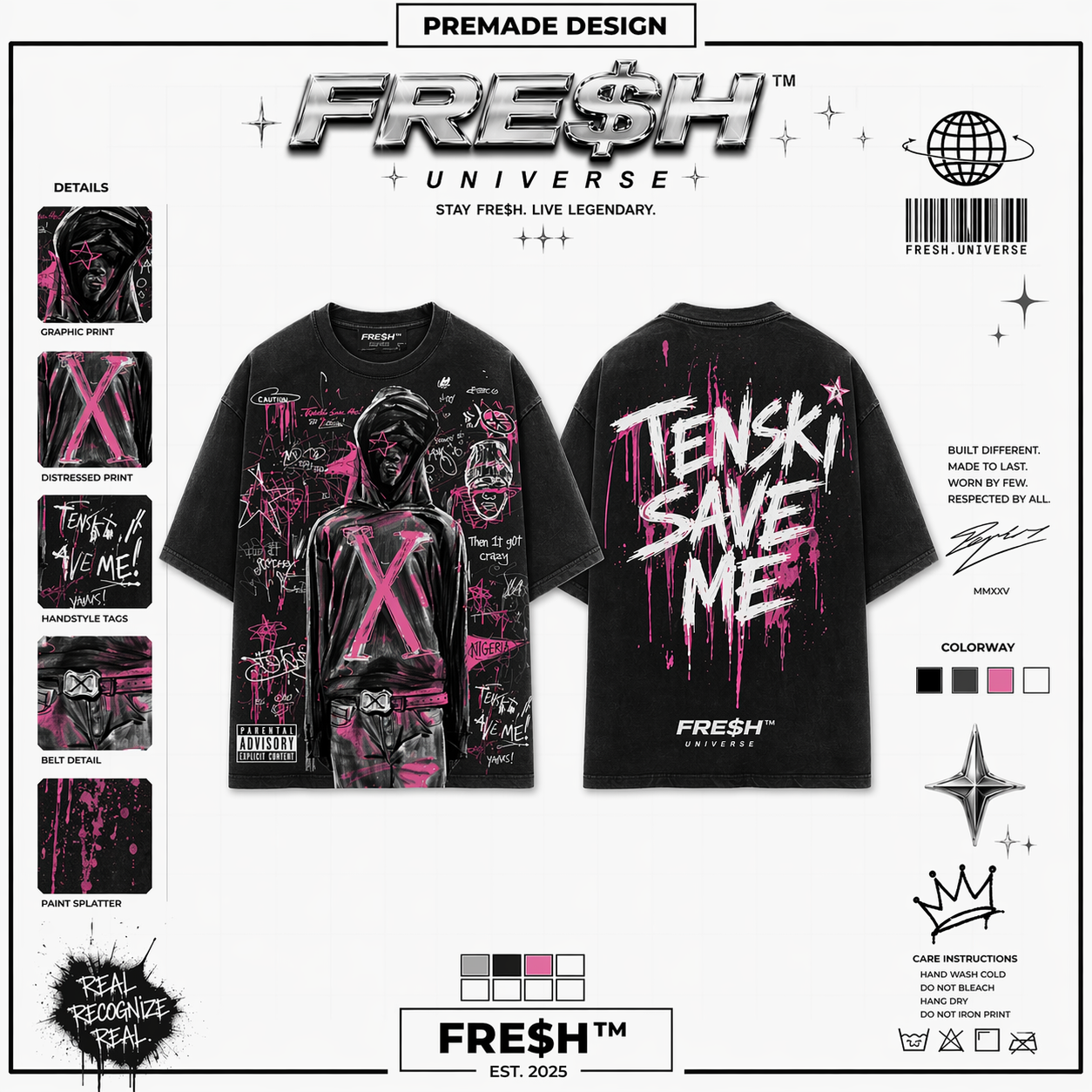 Fresh Universe acid wash dark grey oversized t-shirt featuring pink graffiti paint splatter, hooded figure illustration, and Tenski Save Me back text.