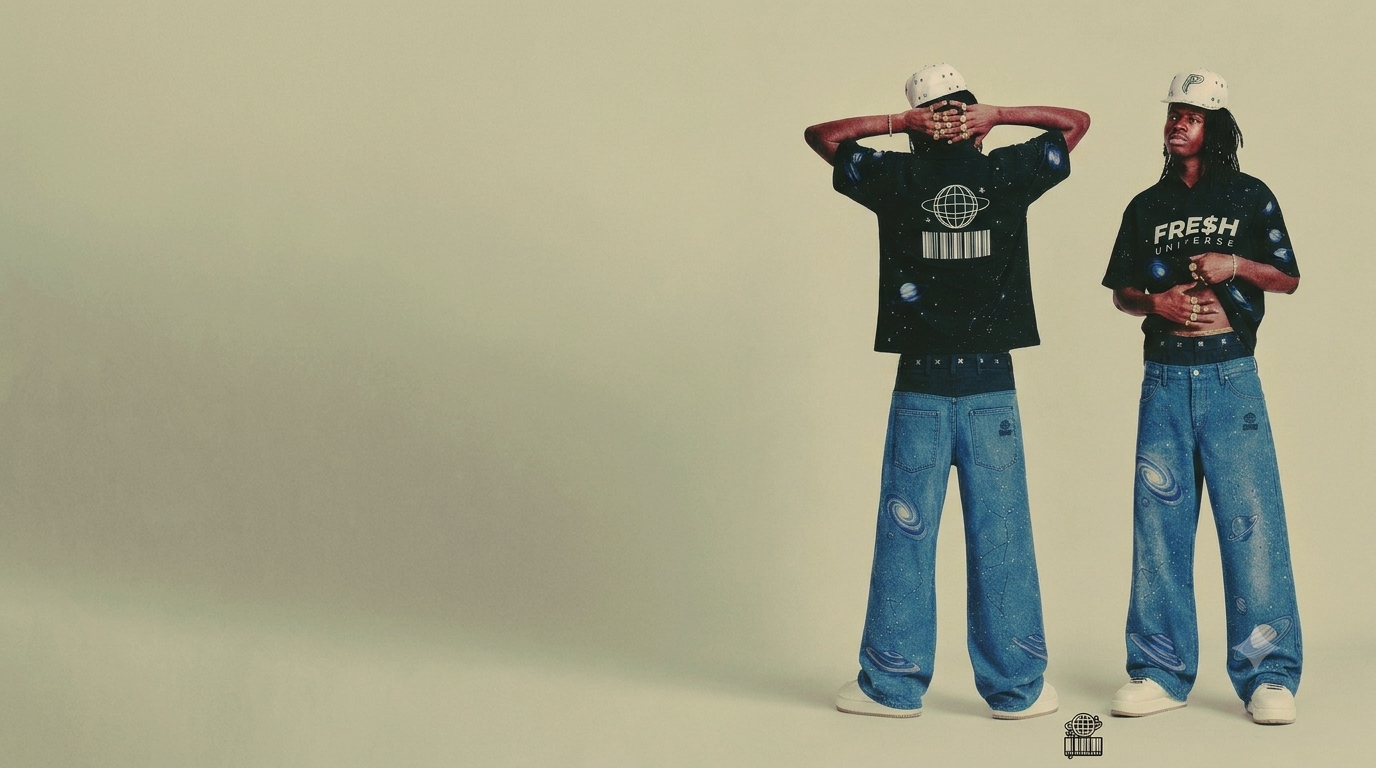 Wide studio lookbook shot showcasing the front and back of Fresh Universe graphic cosmic tees and baggy jeans detailed with planet and galaxy prints
