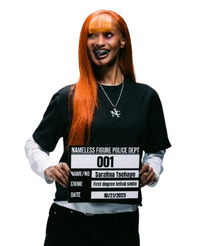 Model Sarafina Tsehaye posing with a police department mugshot board wearing a Fresh Universe black streetwear t-shirt and silver pendant chain