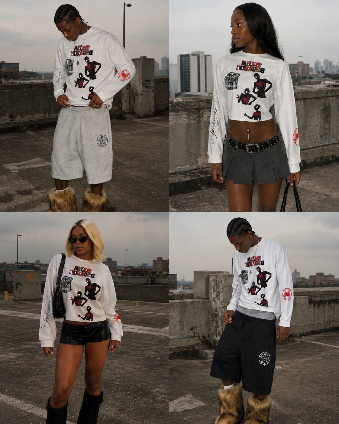 Four-panel lookbook collage of models on an industrial rooftop showcasing Fresh Universe long-sleeve graphic tops, utility shorts, and skirts